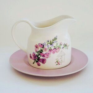 Vintage Pfaltzgraff Cape May Gravy Boat & Plate Pastel Purple Flower c1990s USA